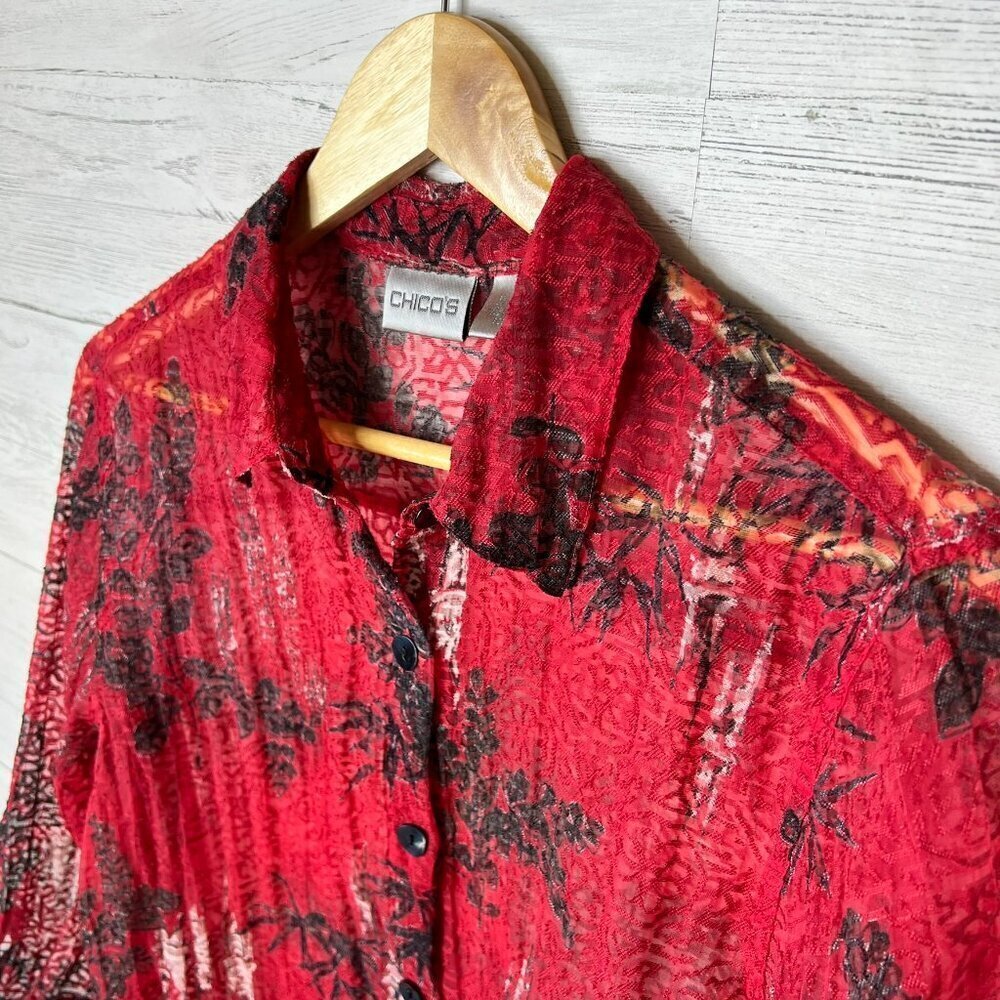 Chicos Blouse Womens SZ 1 / M Red, Black & White Floral Bamboo Print Linen Blend - Picture 7 of 15